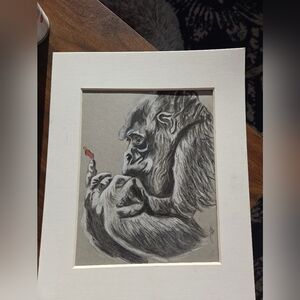 Original Silver Back Gorilla Charcoal Drawing 11 X 14 Including Mat